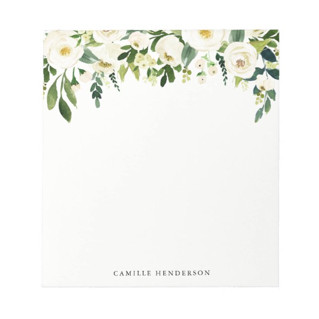 Individuelle Name Wasserfarbene Weißblumen Notizblock (Vorderseite)