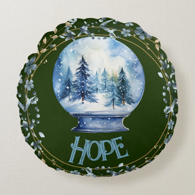 Individuelle Name Wasserfarbener Winterwald Schnee Rundes Kissen (Vorderseite)