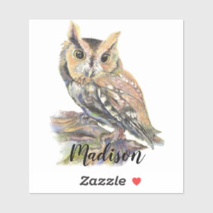 Individuelle Name "Watercolor Screech Owl Bird Nat Aufkleber