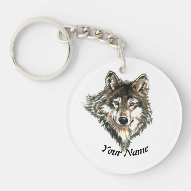 Individuelle Name Watercolor Wolf Tierart Schlüsselanhänger (Vorderseite)