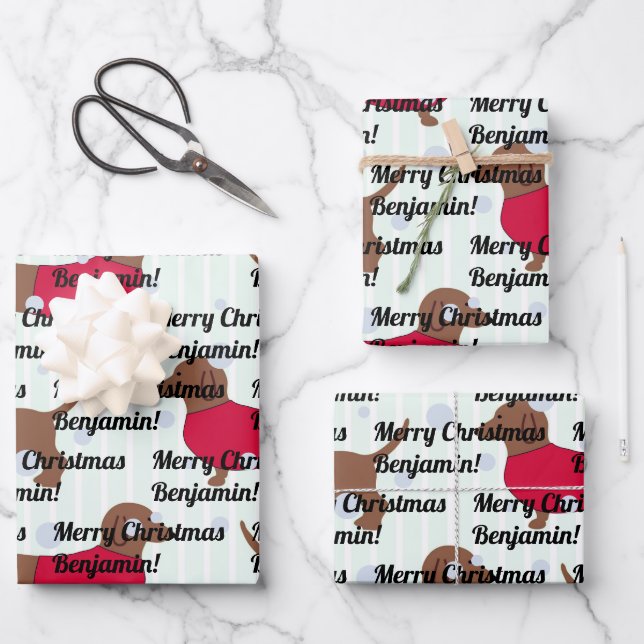 Individuelle Name Weihnachtshund (3 Blätter) Dacke Geschenkpapier Set (Vorderseite)