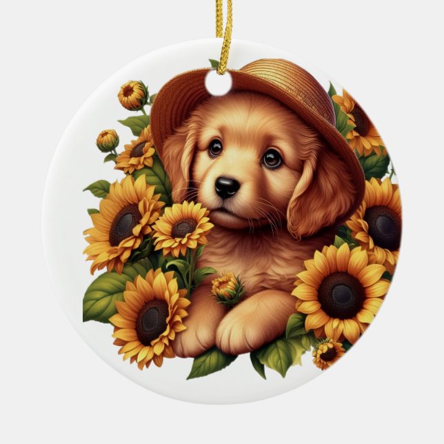 Individuelle Name Welpe mit Hutsonnenblumen Keramik Ornament (Vorne)