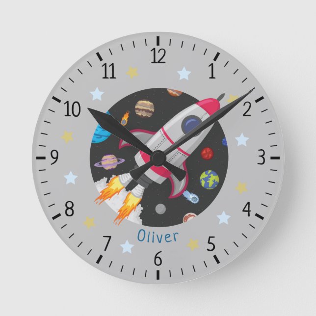 individuelle Name Weltraumraketenkinder Runde Wanduhr (Vorderseite)