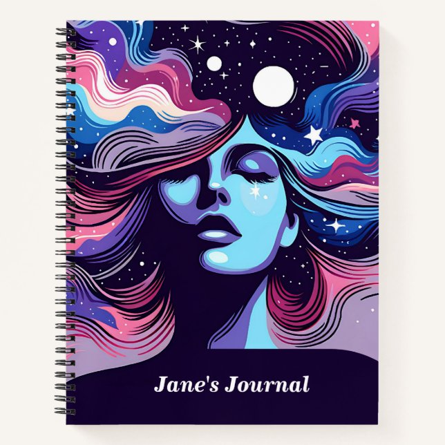 Individuelle Name Whimsical Cosmic Hair Dreamstars Notizbuch (Vorderseite)