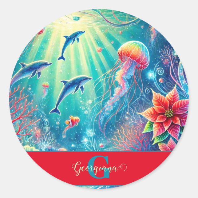 Individuelle Name Whimsical Floral Korallenriff Po Runder Aufkleber (Vorderseite)