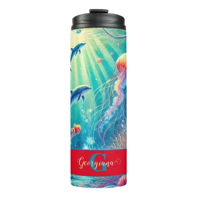 Individuelle Name Whimsical Floral Korallenriff Po Thermosbecher (Vorderseite)