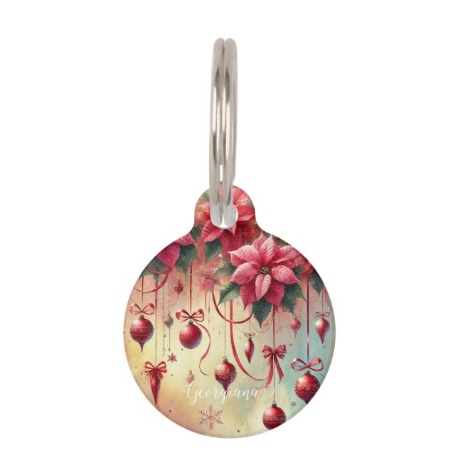 Individuelle Name Whimsical Poinsettia Christmas B Haustiermarke (Vorderseite)