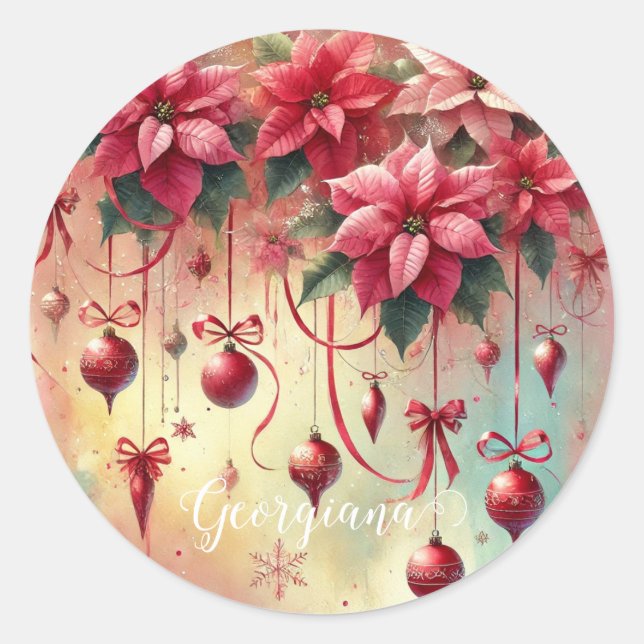 Individuelle Name Whimsical Poinsettia Christmas B Runder Aufkleber (Vorderseite)