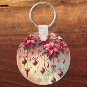 Individuelle Name Whimsical Poinsettia Christmas B Schlüsselanhänger