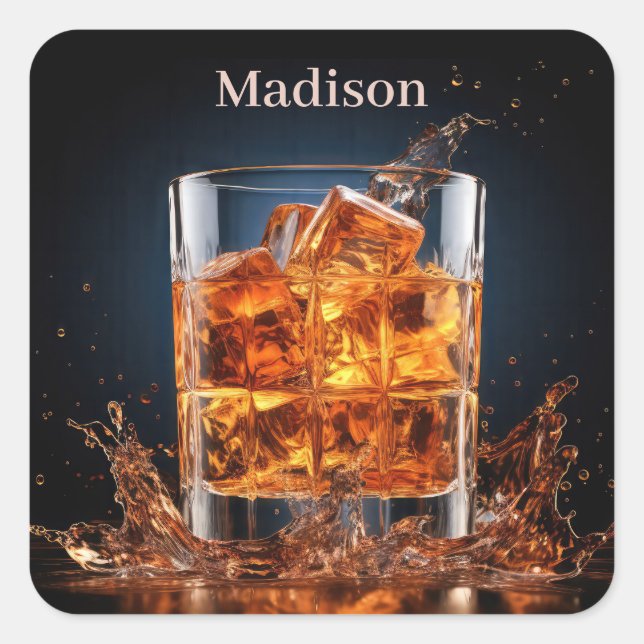 Individuelle Name Whiskey auf den Felsen Quadratischer Aufkleber (Vorderseite)