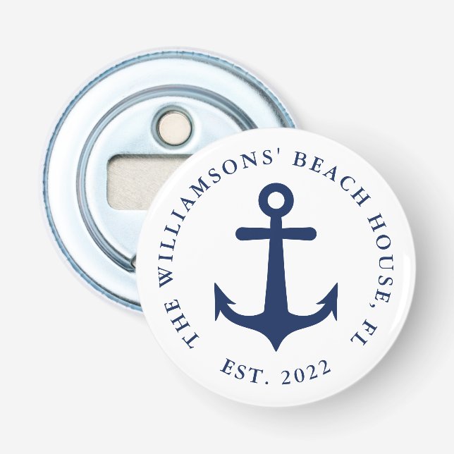 Individuelle Name White Navy Blue Anchor Nautic Flaschenöffner (Vorderseite)