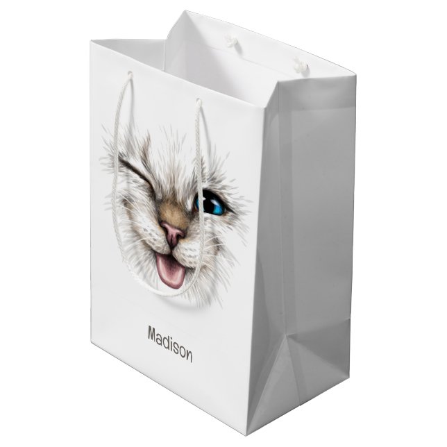 Individuelle Name Winking Cat Mittlere Geschenktüte (Rückseite Schrägansicht)