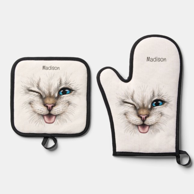 Individuelle Name Winking Cat Ofenhandschuh & Topflappen-Set (Vorderseite)