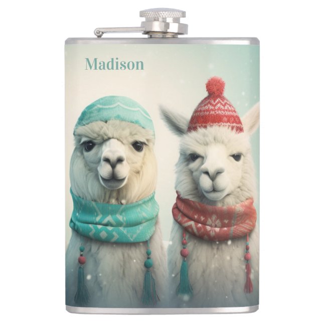 Individuelle Name Winter Llamas Flachmann (Vorderseite)