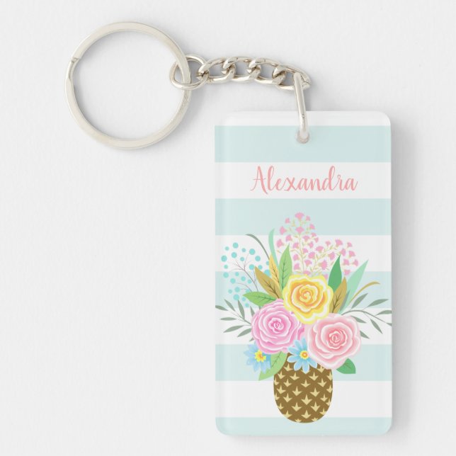 Individuelle Name Wish Ananas Rose Rosa Türkis Schlüsselanhänger (Vorderseite)