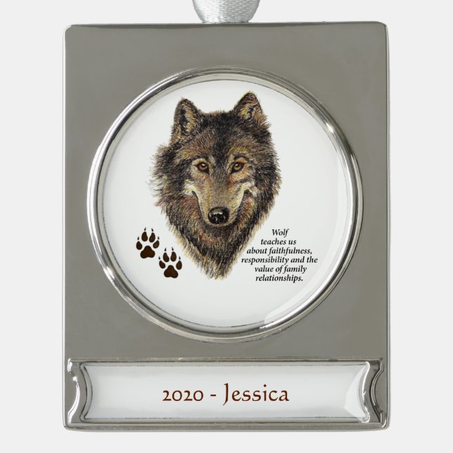 Individuelle Name Wolf Totem Animal Spirit Guide a Banner-Ornament Silber (Vorderseite)