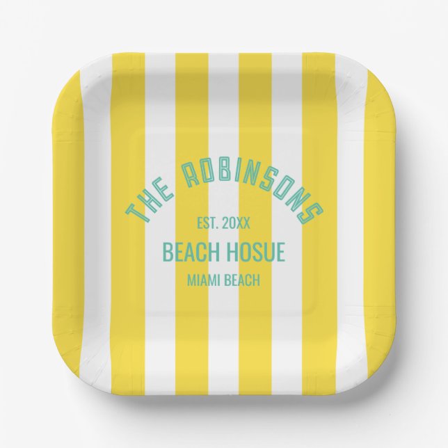 Individuelle Name Yellow Cabana Strip Pappteller (Vorderseite)