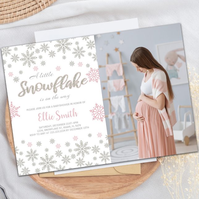 Individuelle Winter Wonderland Babydusche Einladung (Pink Photo Winter Baby Shower Invitations)