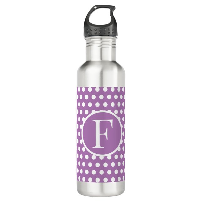 Individueller Anfangsbuchstabe Polka Dot Lila Edelstahlflasche (Vorderseite)