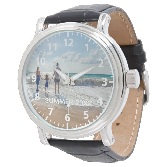 Individueller Familientext Sommerurlaub Foto weiß Armbanduhr (Schrägansicht)