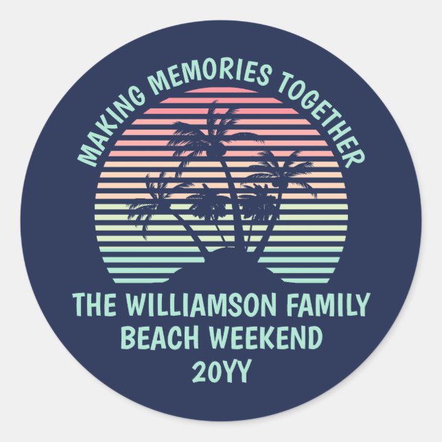 Individueller Familienurlaub Retro Tropical Beach  Runder Aufkleber (Vorderseite)