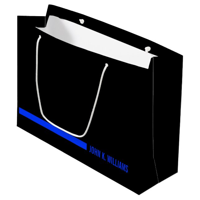Individueller Name auf der dünnen blauen Linie Große Geschenktüte (Vorderseite Schrägansicht)