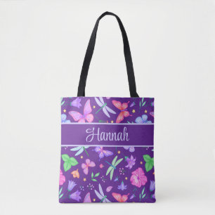 Individueller Name Libelle und Schmetterling lila Tasche