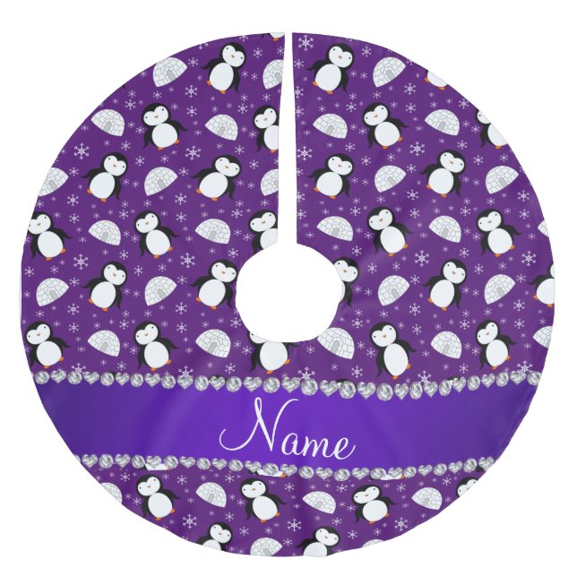 Individueller Name lila Penguins-Igluschneeflocken Polyester Weihnachtsbaumdecke (Vorderseite)