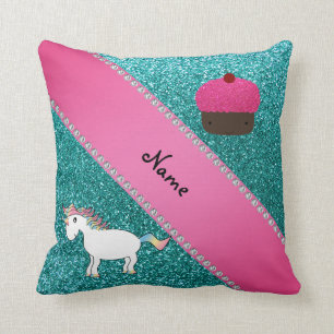 Individueller Name Unicornkuchen-Türkis-Glitter Kissen
