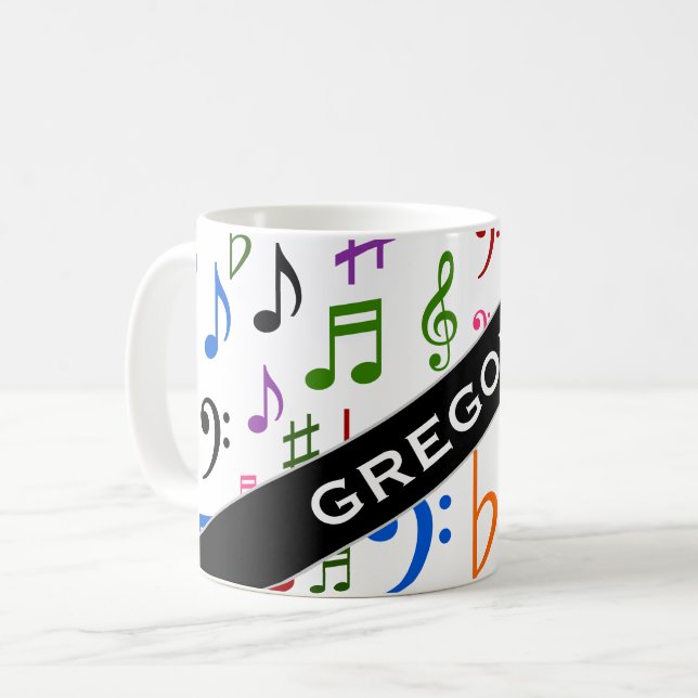 Individueller Name; Viel bunter Musiknoten und Kaffeetasse (Vorderseite Links)