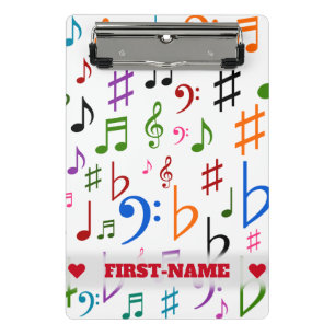 Individueller Name; Viel bunter Musiknoten und Mini Klemmbrett