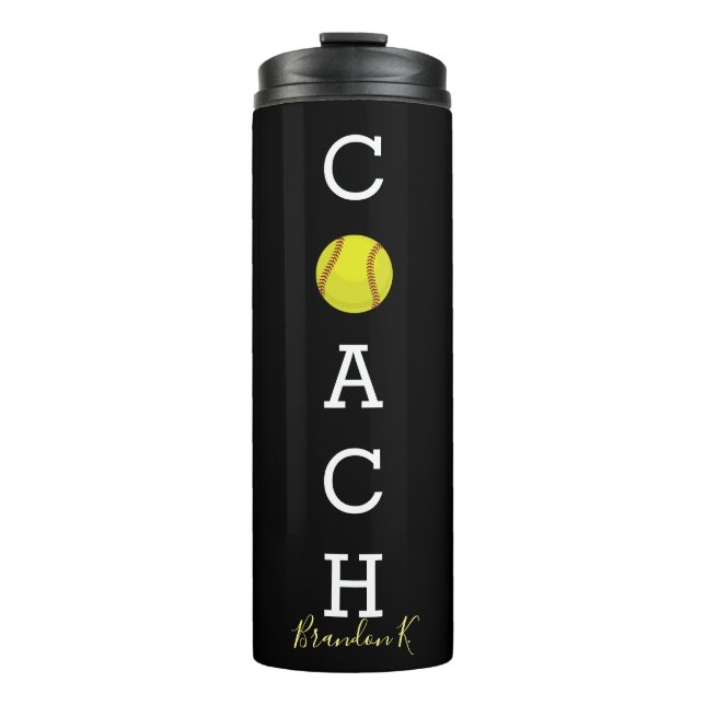 Individueller Namesoftball-Trainer-Schwarzes Thermosbecher (Vorderseite)