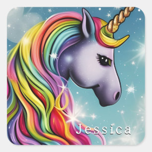 Individueller Regenbogen-Einhorn-Name Quadratischer Aufkleber