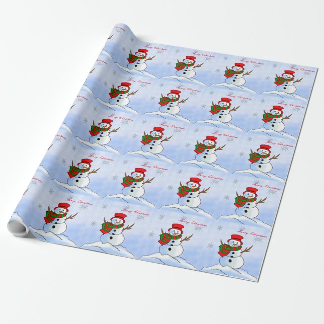 Individueller Schneemann auf Schnee und Schneefloc Geschenkpapier (Ungerollt)