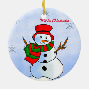 Individueller Schneemann auf Schnee und Schneefloc Keramikornament