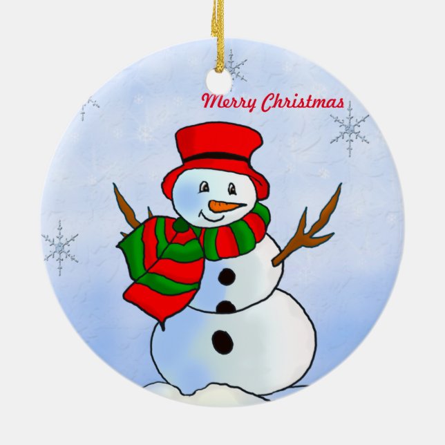 Individueller Schneemann auf Schnee und Schneefloc Keramikornament (Hinten)