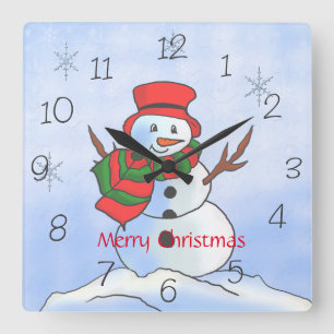 Individueller Schneemann auf Schnee und Schneefloc Quadratische Wanduhr