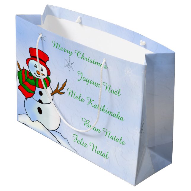 Individueller Schneemann mit Schneeflocken Große Geschenktüte (Rückseite Schrägansicht)