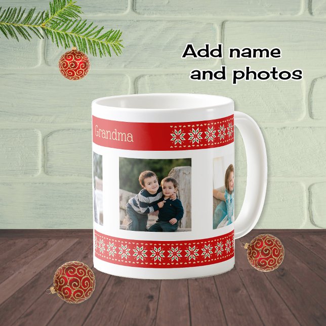Individueller Text vier Fotos Weihnachtsmuster Kaffeetasse (Von Creator hochgeladen)
