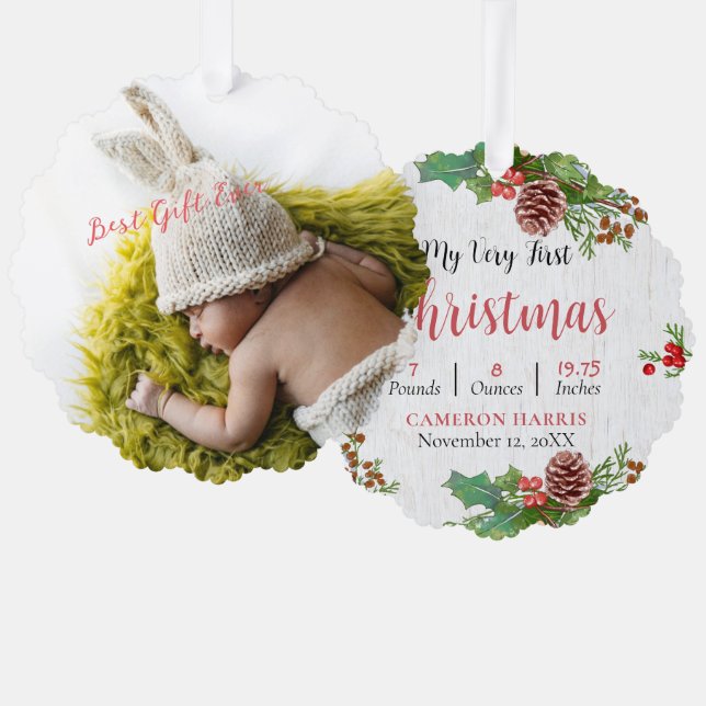 Individuelles 2-seitiges Rustic Baby's 1. Weihnach Ornament Karte (Vorderseite/Rückseite)