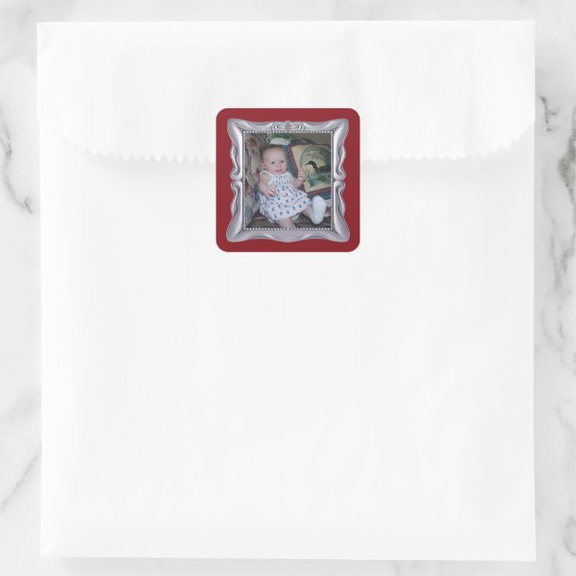Individuelles Baby-Foto in Extravaganter Silver-Fr Quadratischer Aufkleber (Tasche)