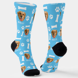 Individuelles Hunde-Foto & Name Blau Socken