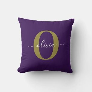 Individuelles Monogramm-Schriftname Lila Weiß Gold Kissen