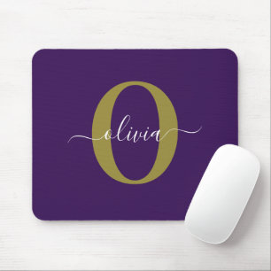 Individuelles Monogramm-Schriftname Lila Weiß Gold Mousepad
