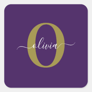 Individuelles Monogramm-Schriftname Lila Weiß Gold Quadratischer Aufkleber