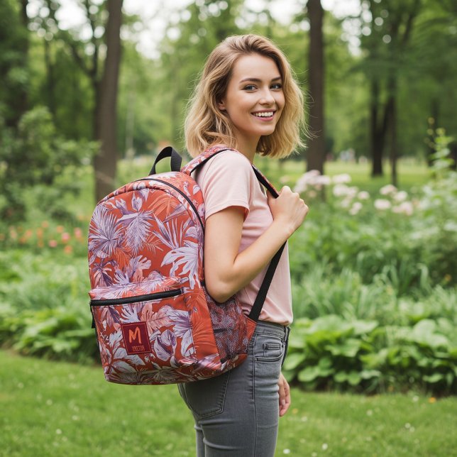 Individuelles tropisches Leaf Hot Summer Red Moder Bedruckter Rucksack (An unisex tropical leaf in a red-tone design printed on a customized backpack.)
