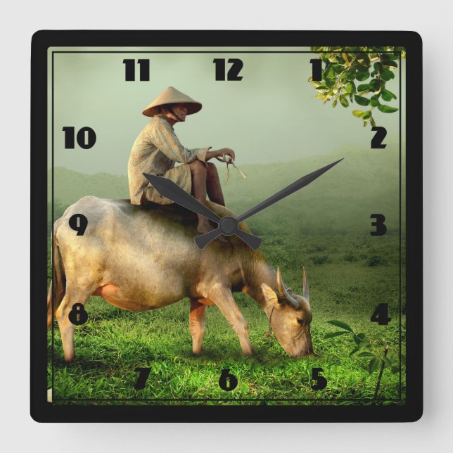 Indonesien Landschaftliche Landschaft mit Buffalo  Quadratische Wanduhr (Vorderseite)