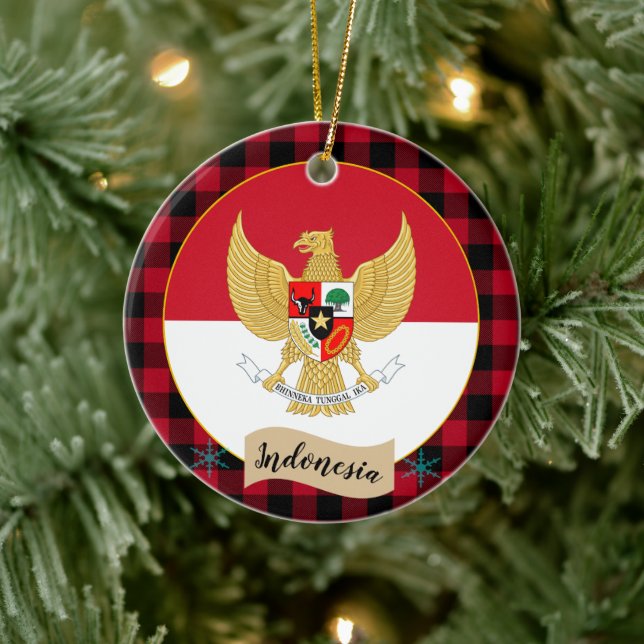 Indonesien, Roter Büffel kariert und indonesische  Keramik Ornament (Baum)