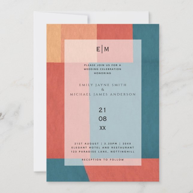 Industrial Chic Toskana Monogram Abstrakte Hochzei Einladung (Vorderseite)