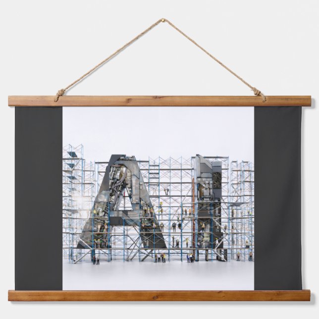 Industrial Letterform – AI Wandteppich Mit Holzrahmen (Vorne)
